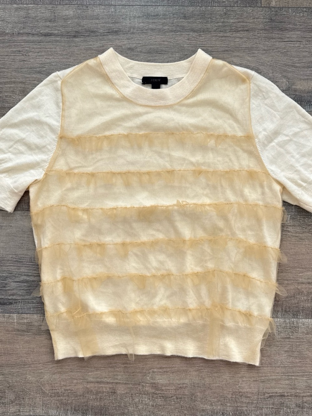 J.Crew Cream Merino Wool Tulle Ruffle Short Sleeve Sweater Top Size Large